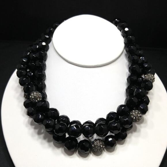 Vintage Black Glass Rhinestone 3 Strand Bead Necklace, Strung Wire, 1990s, 18" - Picture 4 of 7